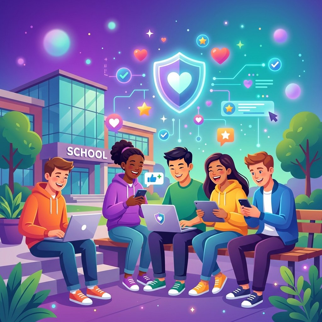 Grupo de estudiantes usando tecnología de forma segura y responsable